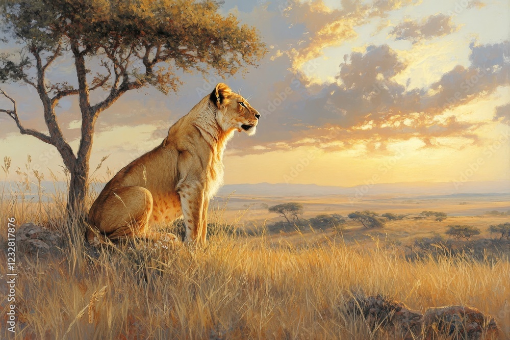 Majestic Lioness Perched on a Rock During Sunset in a Serengeti Landscape Surrounded by Grassy Plains and Beautiful Skies Majestic Lioness Perched on a Rock During Sunset in a Serengeti Landscape Surrounded by Grassy Plains and Beautiful Skies