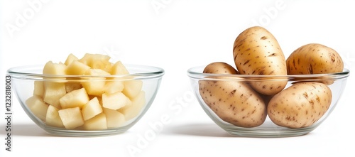 Two transparent bowls, isolated on a white background. One bowl is filled with diced potatoes, and the other holds whole, unpeeled potatoes in their natural