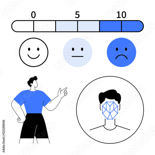 Emotion bar with three faces showing happy, neutral, and sad moods man pointing at scale facial recognition diagram. Ideal for AI, analytics, mood tracking, technology, surveys, psychology abstract