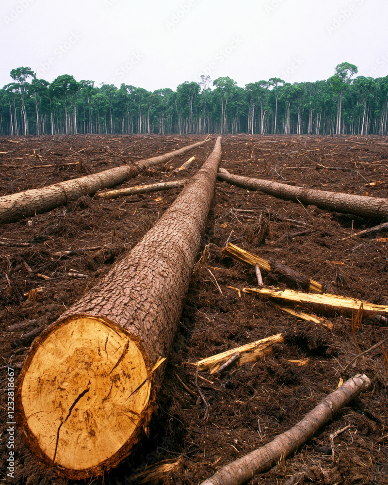 Dense forest cleared by deforestation, showing cut trees and barren land Dense forest cleared by deforestation, showing cut trees and barren land