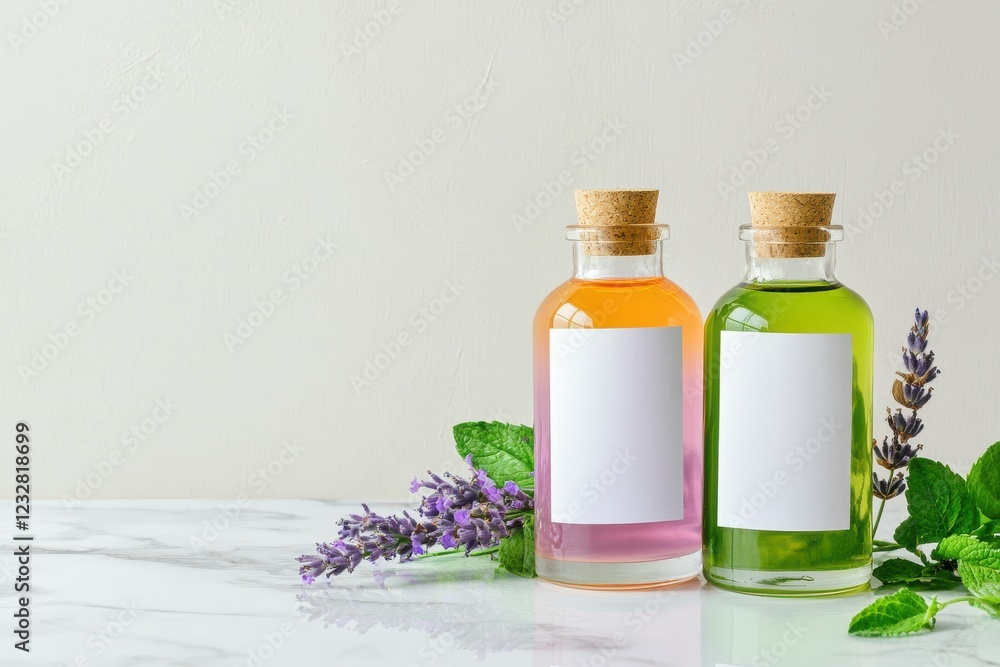 Essential Oil Bottles with Blank Labels: Two glass bottles with cork stoppers, filled with colorful essential oils and adorned with blank white labels. Essential Oil Bottles with Blank Labels: Two glass bottles with cork stoppers, filled with colorful essential oils and adorned with blank white labels.