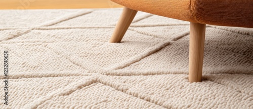 close up of an off-white textured rug with an orange chair leg