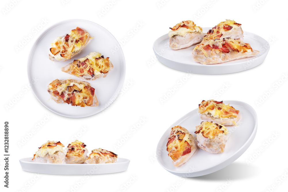 Cream cheese bacon chicken breasts in a plate on a white isolated background Cream cheese bacon chicken breasts in a plate on a white isolated background