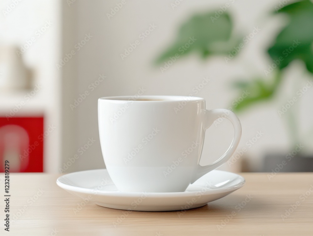 a white coffee cup sits on a saucer on a wooden table with a blurred background a white coffee cup sits on a saucer on a wooden table with a blurred background