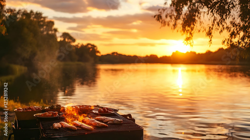 Fototapeta Naklejka Na Ścianę i Meble -  Sunset BBQ by the Lake: A Delicious Summer Cookout