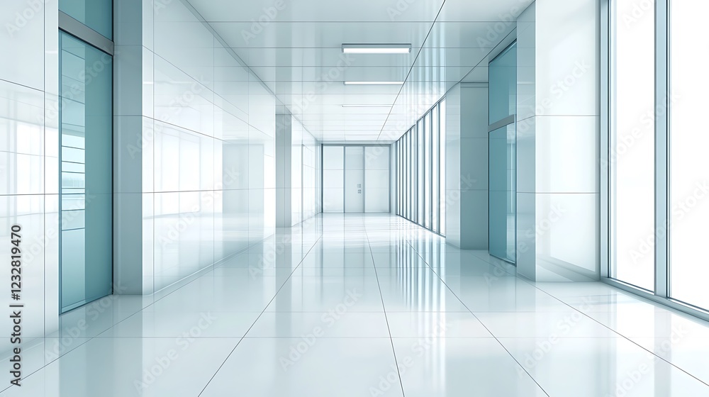 Fototapeta premium Modern White Office Corridor With Glass Doors And Windows