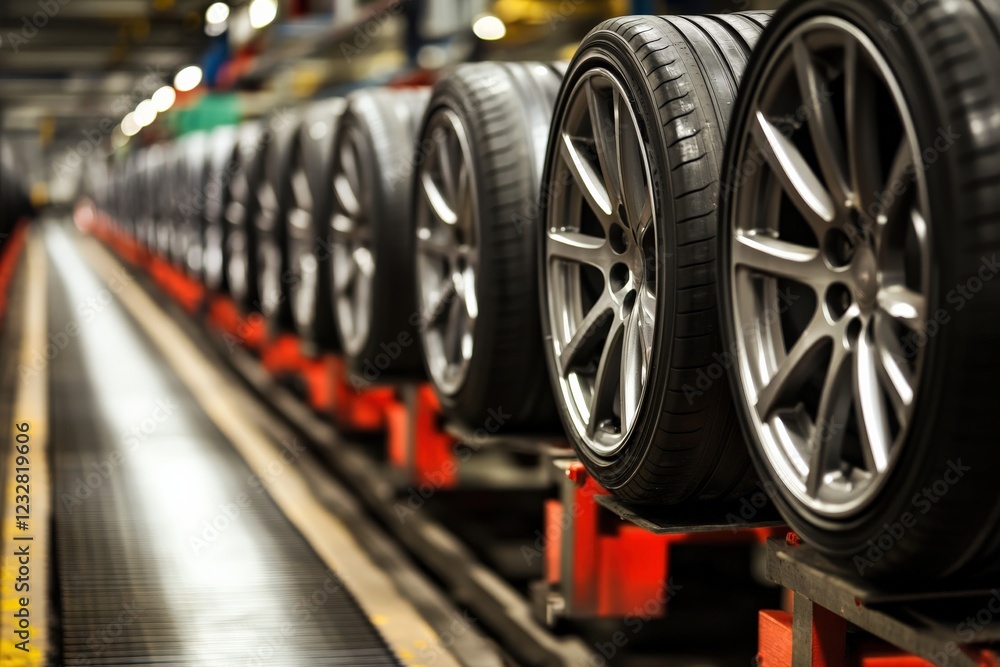 Fototapeta premium Modern Automotive Tire Manufacturing Process with Rows of High-Quality Tires Ready for Assembly in a State-of-the-Art Factory Environment