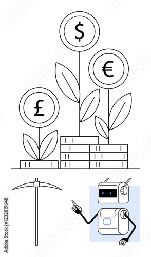 Three currency plants Dollar, Euro, Pound growing from stack of coins pickaxe and advisor robot. Ideal for fintech, investment, currency trading, robo-advisors, finance growth, innovation