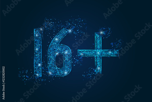 Abstract isolated blue image of 16 plus only censored. Polygonal low poly wireframe illustration looks like stars in the black night sky in space or flying glass shards.