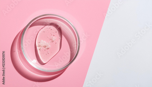 Transparent liquid in glass petri dish on pink-white backdrop. Hyaluronic, azelaic, niacinamide acid photo