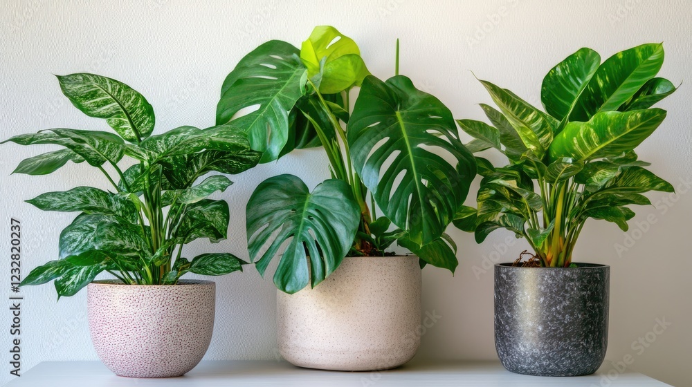 Three potted houseplants in decorative containers Three potted houseplants in decorative containers