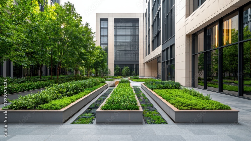 A modern urban garden featuring neatly arranged green plants, surrounded by contemporary architecture and large glass windows. A modern urban garden featuring neatly arranged green plants, surrounded by contemporary architecture and large glass windows.