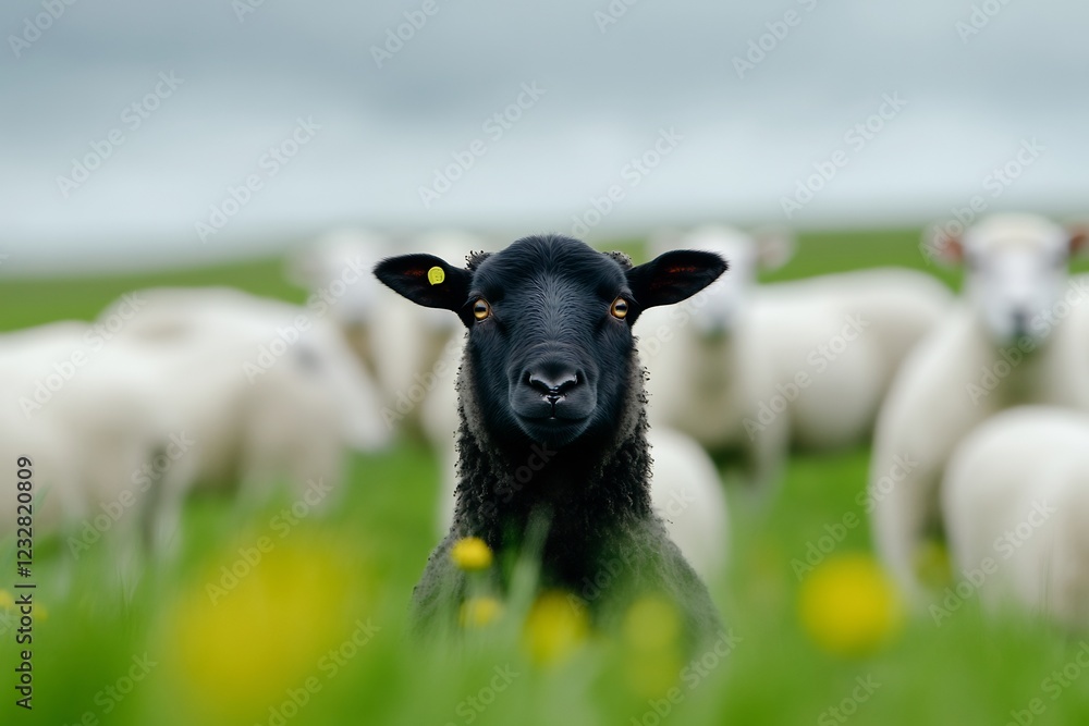 Black sheep leads flock in green pasture Black sheep leads flock in green pasture