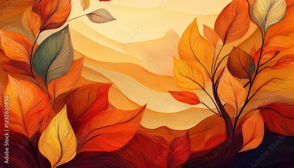 Fototapeta premium Textured Autumn Leaves Carpeted Landscape A Warm and Cozy Scene Filled with Rich Reds, Oranges, and Yellows Amidst Rustic Woodlands.