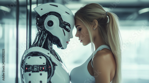 A woman intimately faces a humanoid robot.