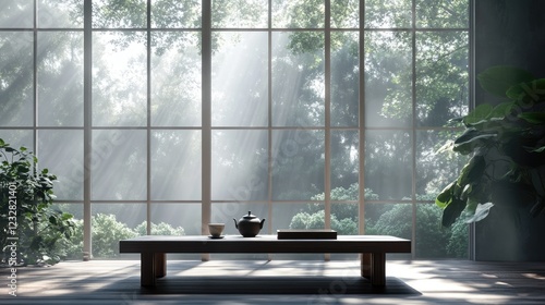 Minimalism style Japanese house room with tea ceremony table, wide opened windows with garden greens. Embracing simplicity unveils elegance in essentials, fostering tranquility, clarity in life. photo