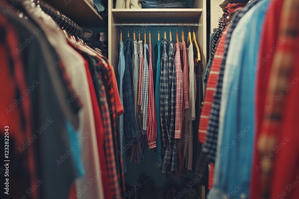 Naklejka premium Organized Wardrobe with a Variety of Clothing Options Including Shirts, Jackets, and Patterns Hanging Neatly in a Closet Full of Colorful Fabrics