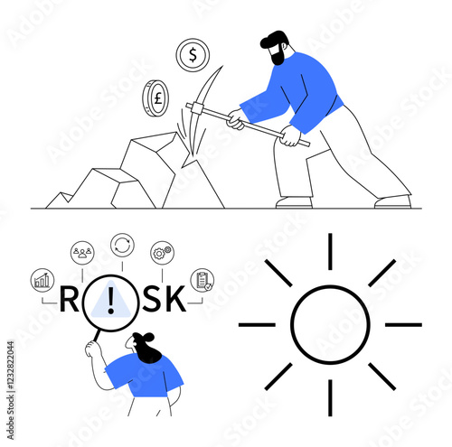 Man chiseling at rocks to uncover currency symbols and magnifying the word risk. Icons of analysis and sun metaphor symbolize clarity, strategy, and foresight. Ideal for finance, risk management