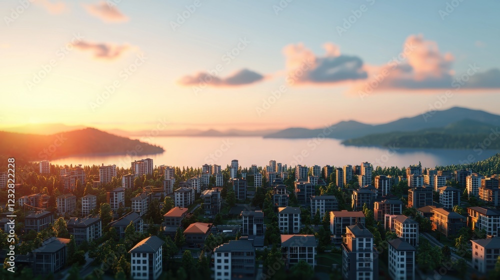 Fototapeta premium A stunning aerial view of a city at sunset, featuring modern buildings with a serene lake and mountains in the background.