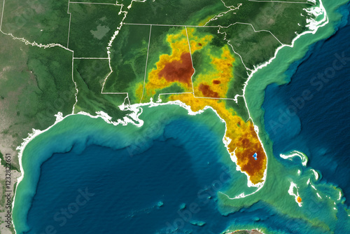 algal bloom research ,The image depicts a satellite view of the southeastern United States, highlighting areas of varying rainfall intensity and geographic features.