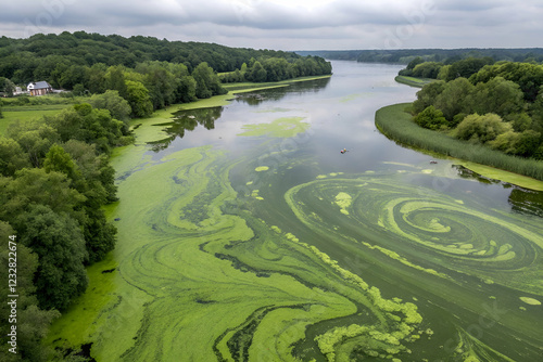 Wallpaper Mural algal bloom research ,A serene river flows through lush greenery, featuring swirling patterns of algae, under a cloudy sky, showcasing the beauty of nature. Torontodigital.ca
