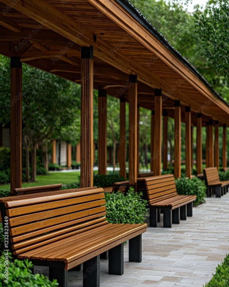 Obraz premium A serene outdoor space featuring wooden benches under a covered walkway surrounded by lush greenery.