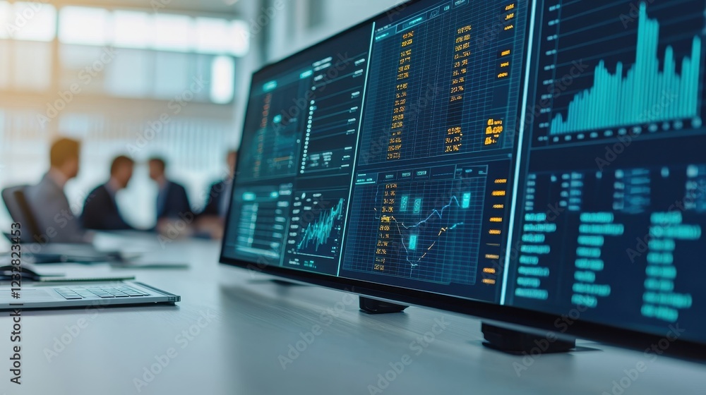 A sleek workspace with multiple monitors displaying data analytics and financial graphs, featuring professionals engaged in discussion. A sleek workspace with multiple monitors displaying data analytics and financial graphs, featuring professionals engaged in discussion.