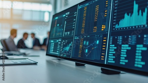 Wallpaper Mural A sleek workspace with multiple monitors displaying data analytics and financial graphs, featuring professionals engaged in discussion. Torontodigital.ca