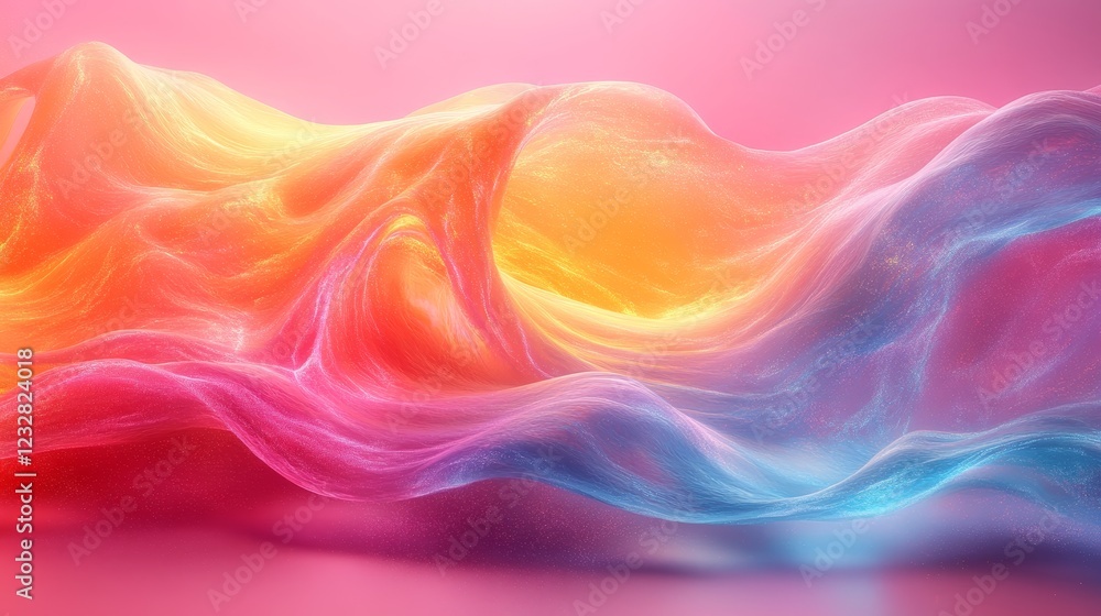 Obraz premium Vibrant Flowing Abstract Colors - An abstract representation of flowing colors with a blend of orange, pink, and blue against a soft gradient background.
