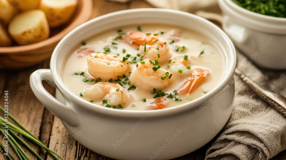 A savory and rich seafood chowder with chunks of shrimp, scallops, and potatoes A savory and rich seafood chowder with chunks of shrimp, scallops, and potatoes