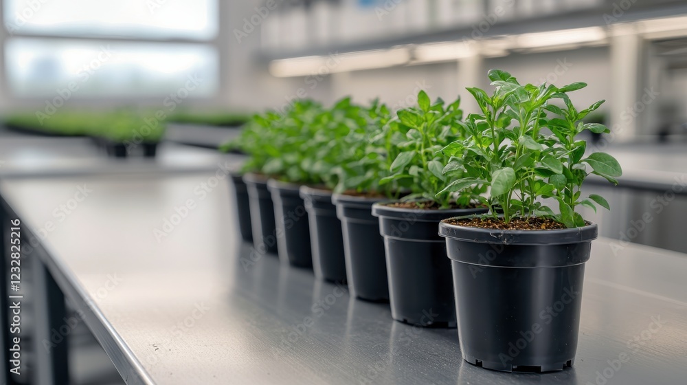 A row of small pots containing green plants lined up on a table in a well-lit indoor setting, showcasing growth and cultivation. A row of small pots containing green plants lined up on a table in a well-lit indoor setting, showcasing growth and cultivation.