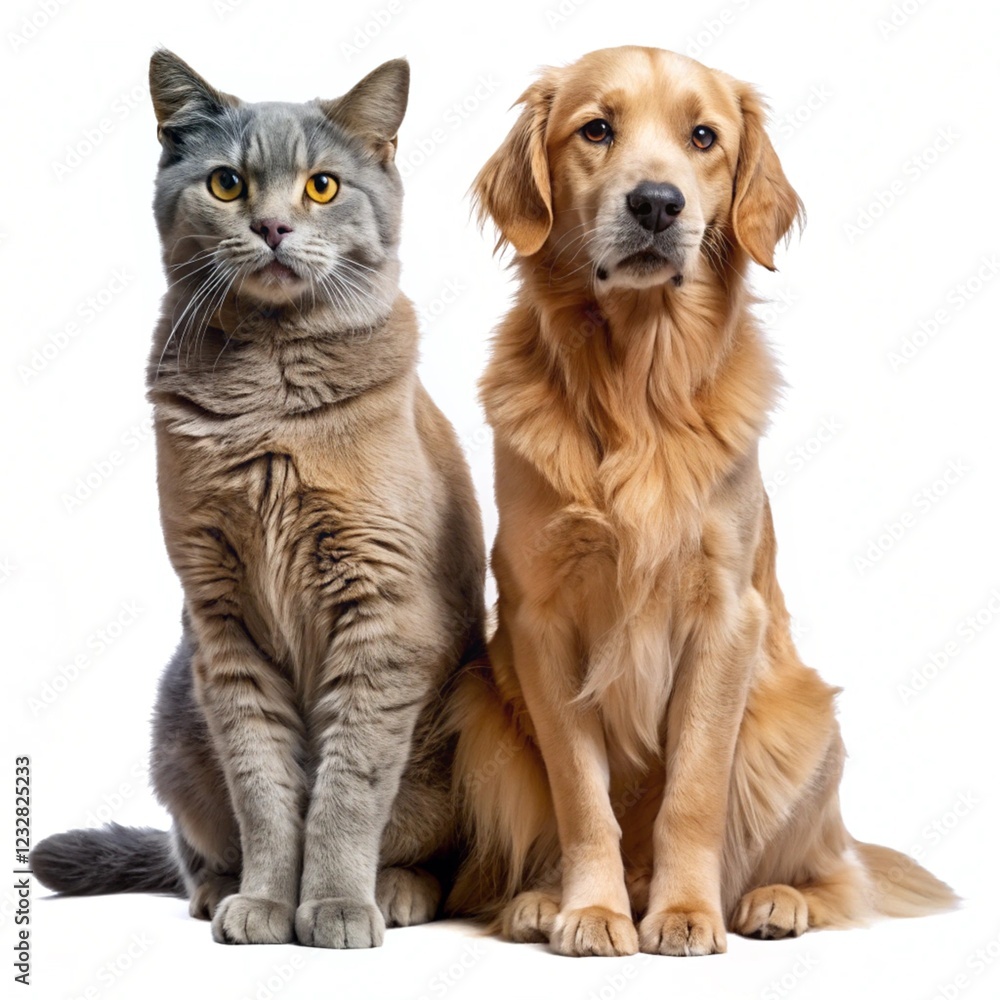 golden retriever dog and a gray cat sitting side isolated on transparent background Generative Ai. golden retriever dog and a gray cat sitting side isolated on transparent background Generative Ai.