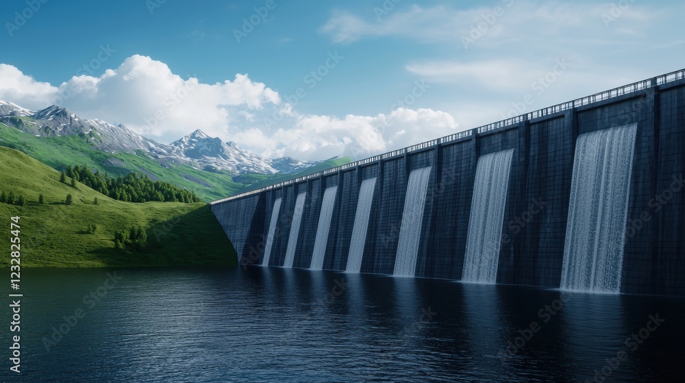 Fototapeta premium A serene landscape featuring a dam with cascading water, surrounded by lush greenery and mountains under a clear blue sky.