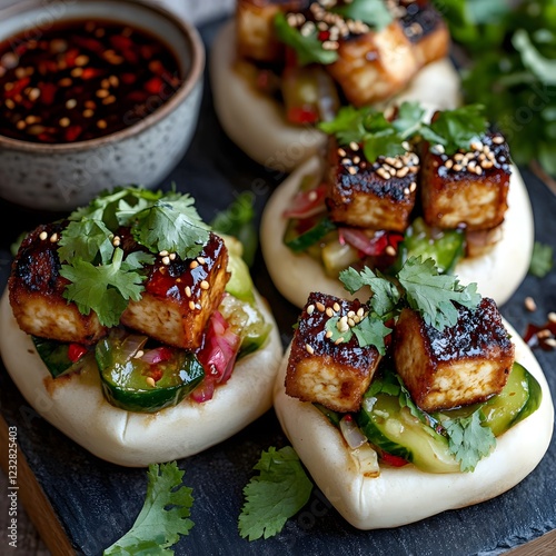 Spicy Tofu Bao Buns: Four delectable bao buns, each topped with flavorful pan-fried tofu, vibrant pickled cucumber relish, sesame seeds, and fresh cilantro, are artfully arranged on a dark slate. photo