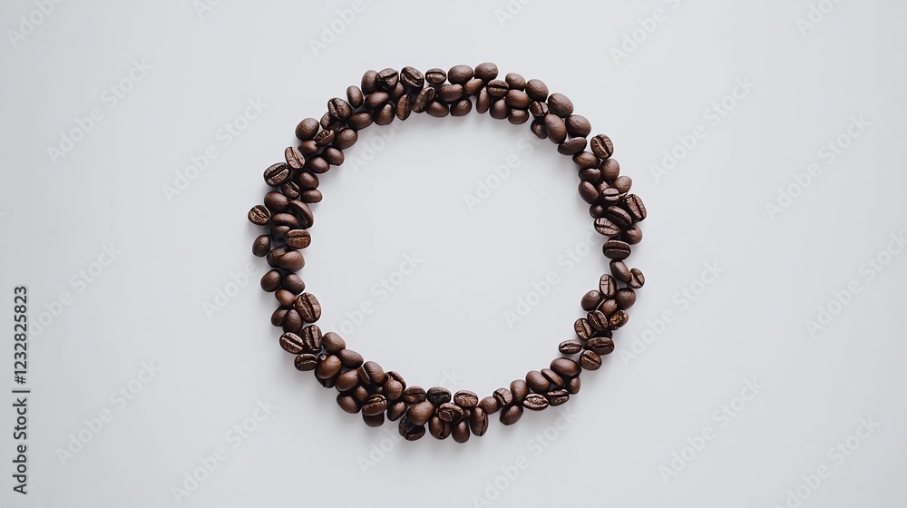 Circular arrangement of coffee beans on a white background with copy space image Circular arrangement of coffee beans on a white background with copy space image