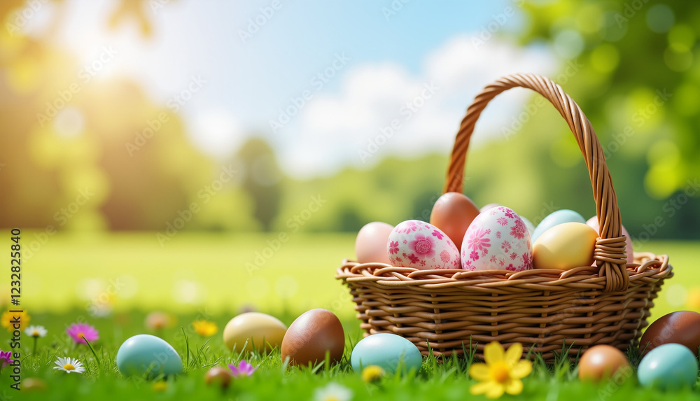 Easter eggs in a wicker basket on a sunny green field Easter eggs in a wicker basket on a sunny green field