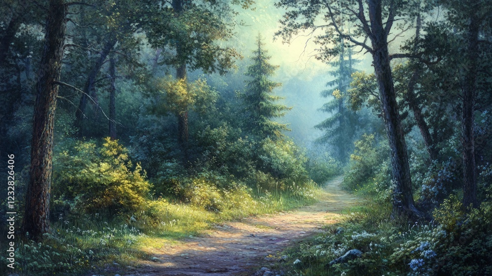 Serene Forest Pathway with Lush Greenery and Soft Morning Light Serene Forest Pathway with Lush Greenery and Soft Morning Light