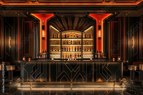 A stylish Art Deco hotel bar showcases a black countertop, gold trim, and a mirrored wall filled with bottles