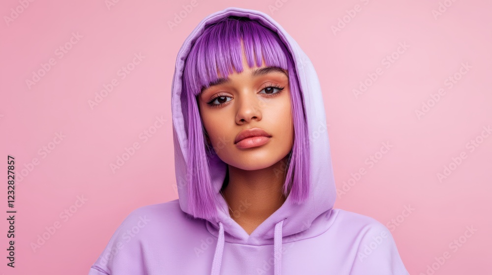Young Woman With Purple Hair Wearing a Lavender Hoodie Young Woman With Purple Hair Wearing a Lavender Hoodie