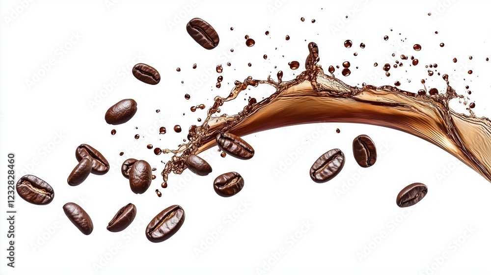 Obraz premium Coffee splash and roasted beans in air on white background