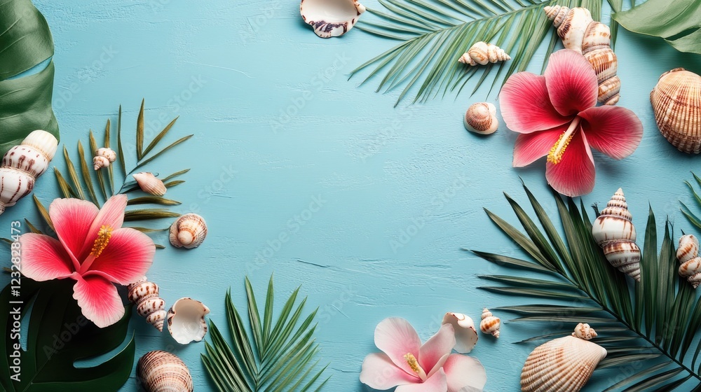 Tropical Flowers Shells and Palm Leaves on Blue Tropical Flowers Shells and Palm Leaves on Blue