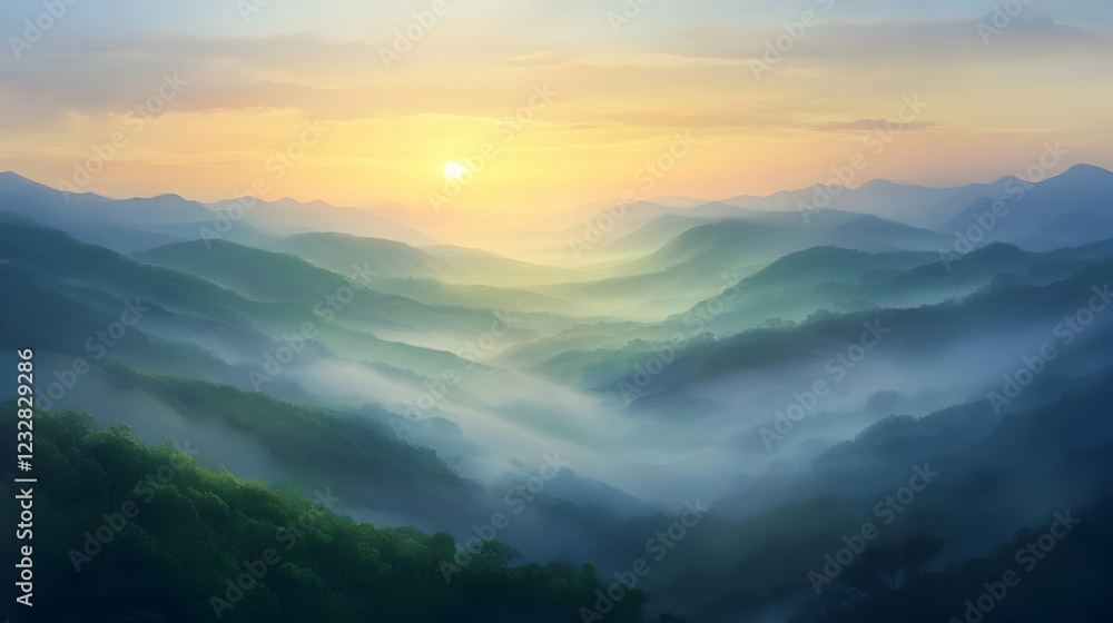 Misty Mountain Sunrise: A Serene Landscape Misty Mountain Sunrise: A Serene Landscape