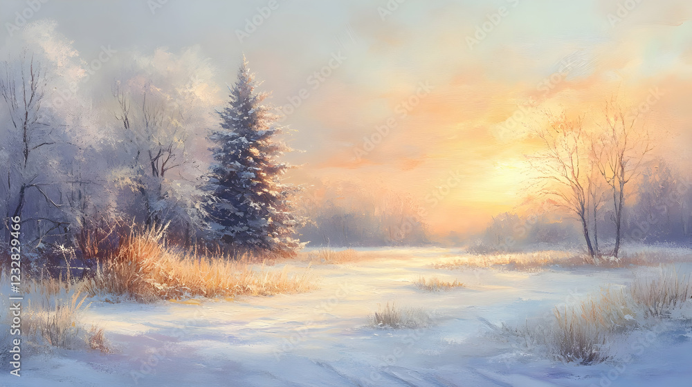 Winter Sunrise Landscape: Snowy Field Frozen Trees and Golden Hour Winter Sunrise Landscape: Snowy Field Frozen Trees and Golden Hour