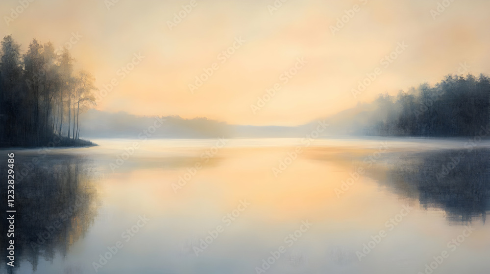Misty Lake Sunrise: A Serene Landscape Painting Misty Lake Sunrise: A Serene Landscape Painting