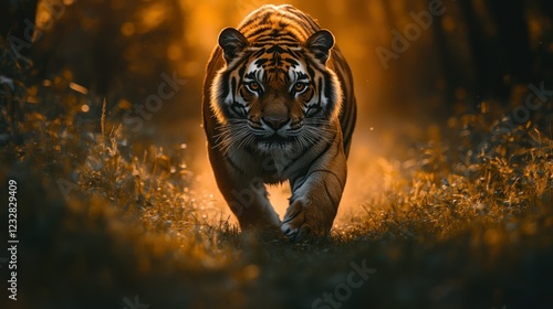 Majestic tiger walking towards camera in forest at sunset