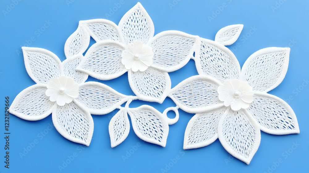 Fototapeta premium Delicate white lace flowers and leaves create an elegant pattern against a bright blue surface