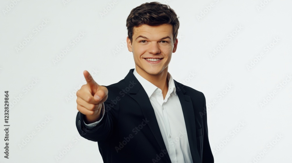 Young Man in Suit Points Directly at Viewer Smiling Young Man in Suit Points Directly at Viewer Smiling