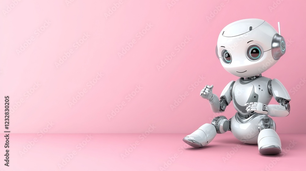 Fototapeta premium Cute robot sits on pink background technology future - A charming robot displays joy and playfulness in a minimalist environment symbolizing innovation creativity technology and fun
