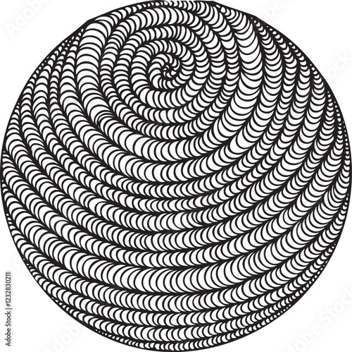 Circular black and white pattern. Texture composed of irregular geometric elements. Distressed uneven grunge background. Abstract vector illustration. 