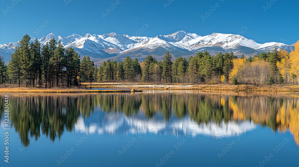Obraz premium Majestic Mountain Lake in Autumn: Breathtaking Reflection of Snow-capped Peaks and Colorful Fall Foliage